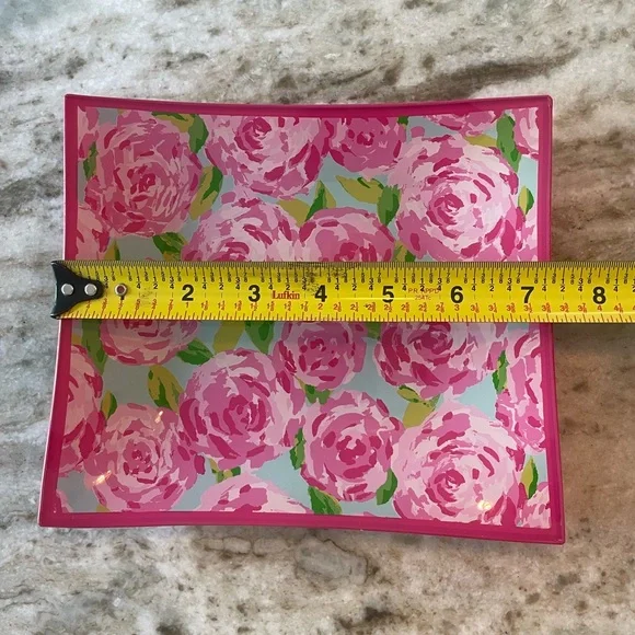 Lilly Pulitzer Glass Plate Trinket Caddy Dish First Impression Pink Roses Plate - Picture 4 of 5